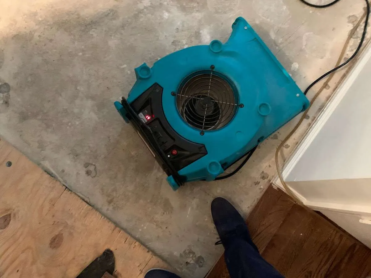 Air mover drying subfloor during Leak Detection & Repair in West Slope